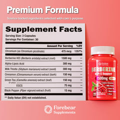 Forebear Berberine capsules closeup highlighting the high 1500mg formula for daily use.