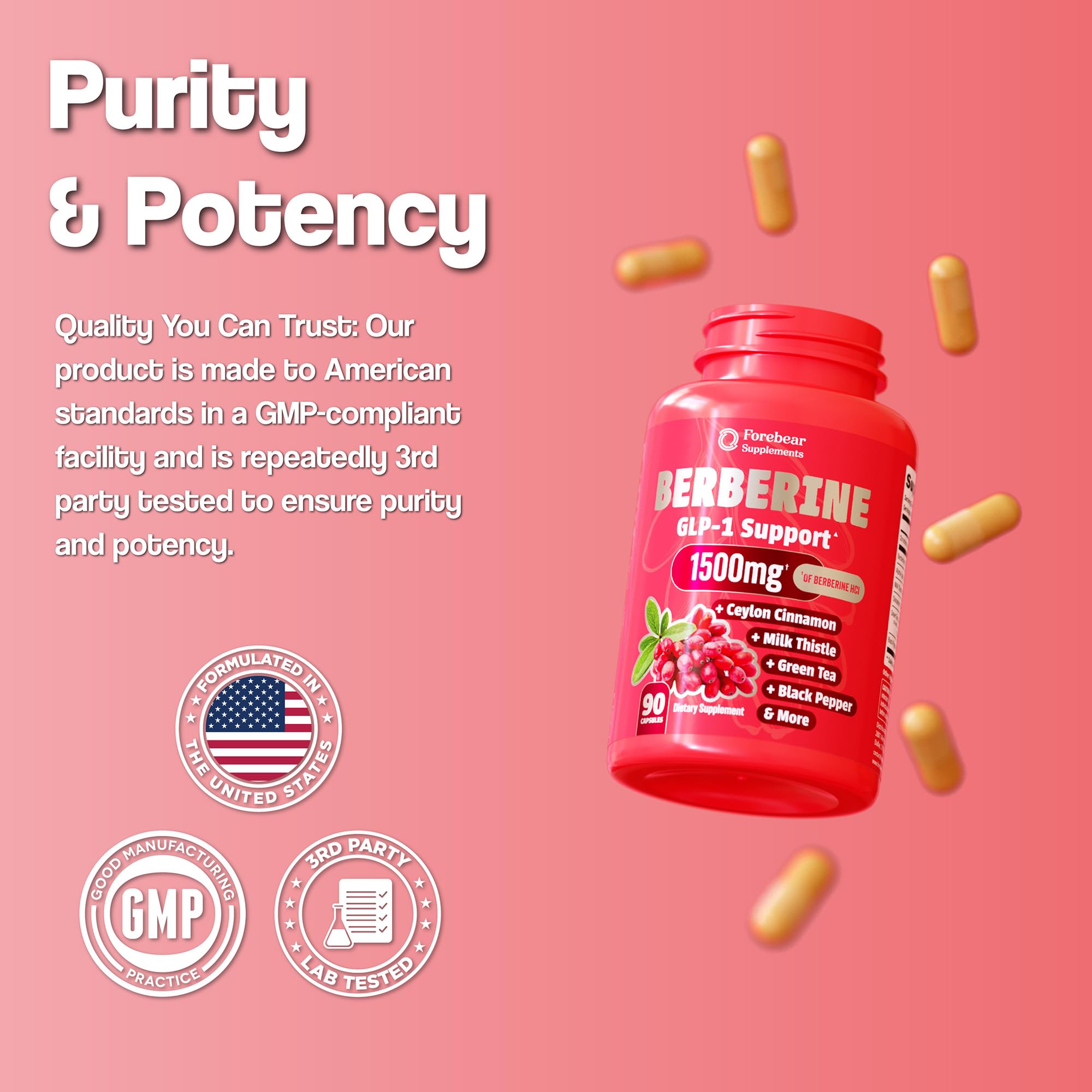 Forebear Berberine capsules in hand illustrate convenient daily supplementation.