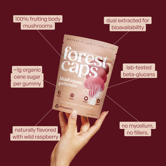 Forest Caps Mushroom Gummies Reishi bottle promotes calm without jitters.