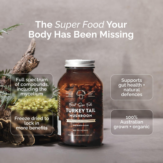 Forest Super Foods Turkey Tail capsules in vegan bottle for gut health.