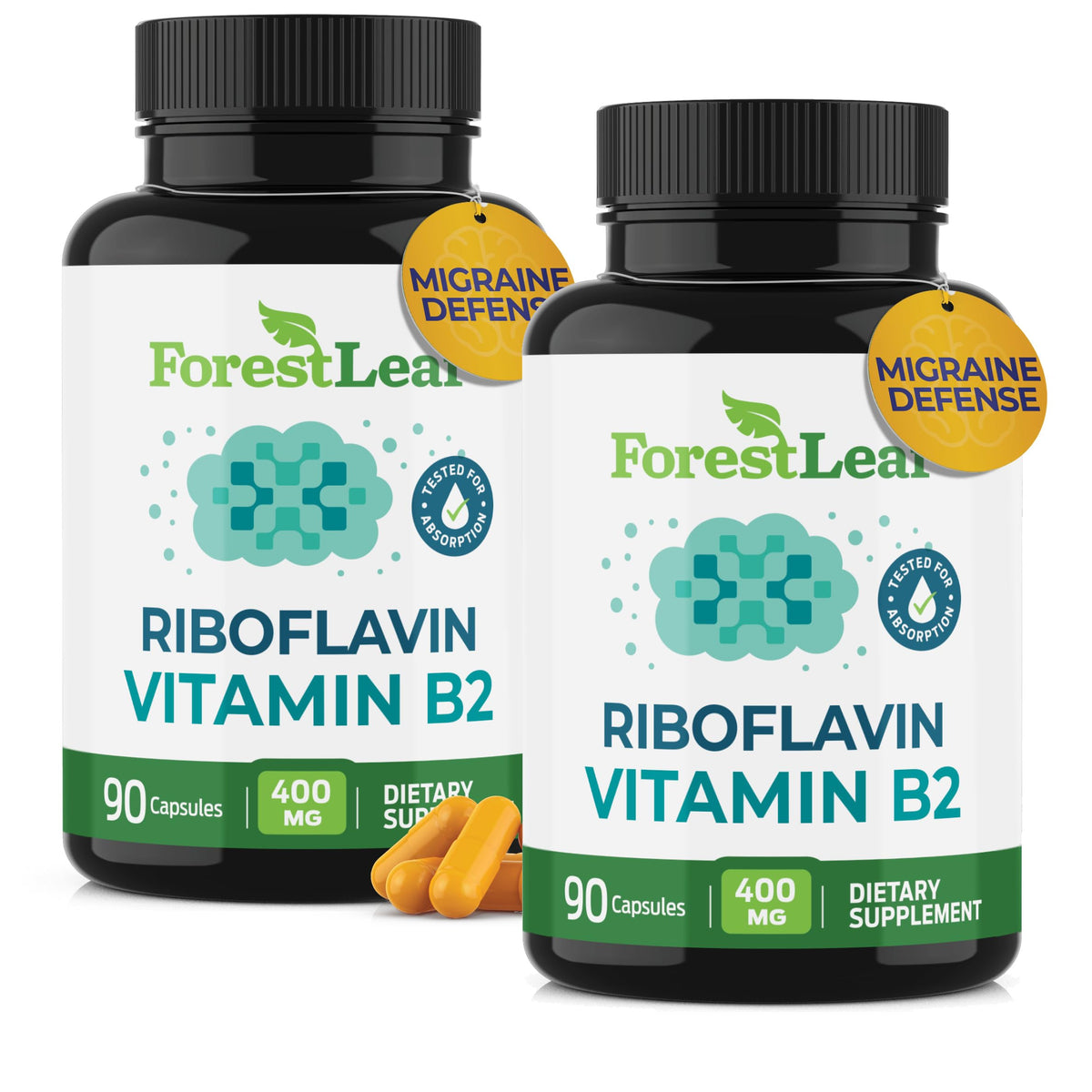ForestLeaf B2 riboflavin capsules on white background support energy metabolism and cellular health.
