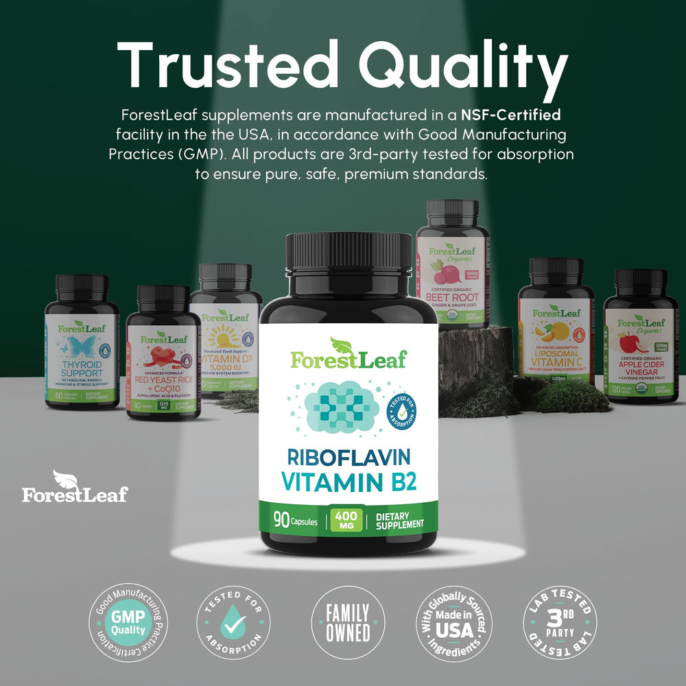 ForestLeaf riboflavin manufacturing label closeup confirms usa-made quality.