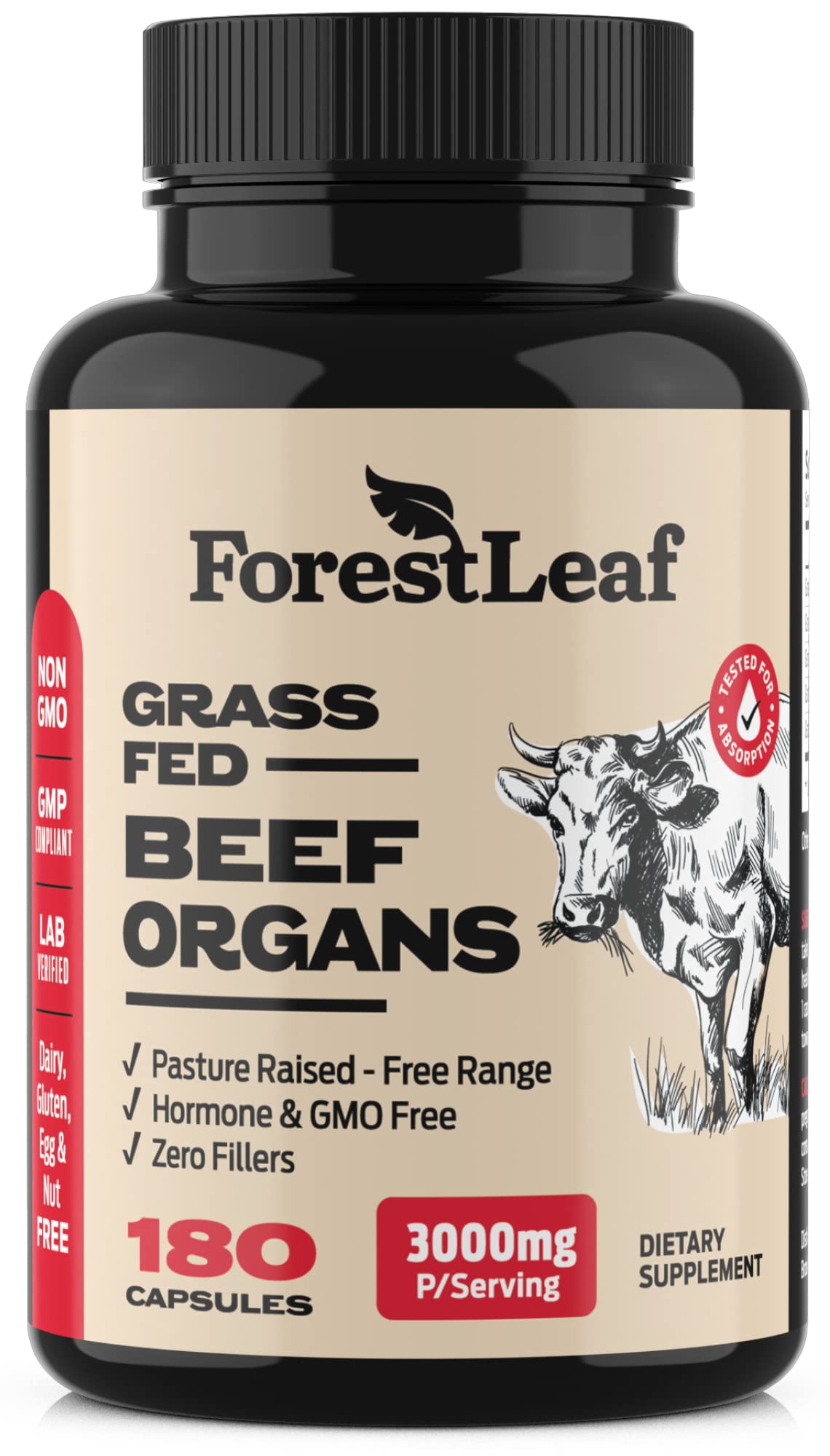 ForestLeaf beef liver capsules bottle highlights 600 mg liver per serving for daily vitality.