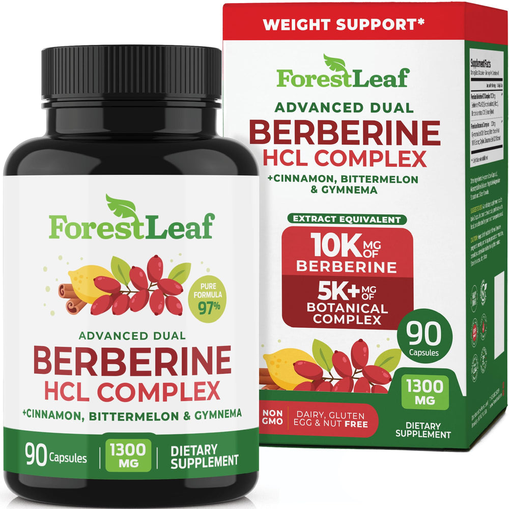 ForestLeaf Berberine bottle with capsules showing 1300mg per serving for energy support