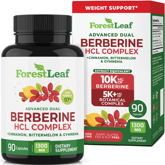 ForestLeaf Berberine bottle with capsules showing 1300mg per serving for energy support