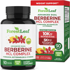 ForestLeaf Berberine bottle with capsules showing 1300mg per serving for energy support