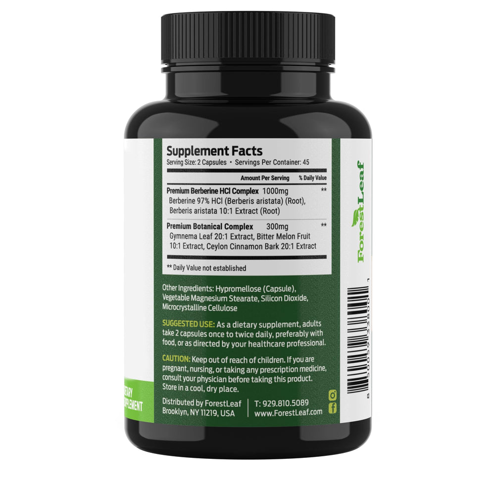 ForestLeaf Berberine box and bottle on white background highlighting natural ingredients