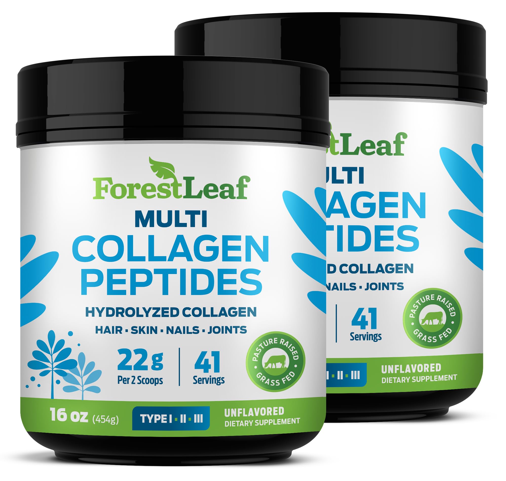 ForestLeaf collagen powder bottle, grass-fed formula for skin, hair and joints.