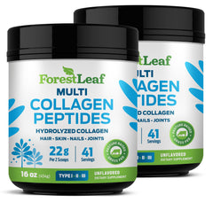 ForestLeaf collagen powder bottle, grass-fed formula for skin, hair and joints.