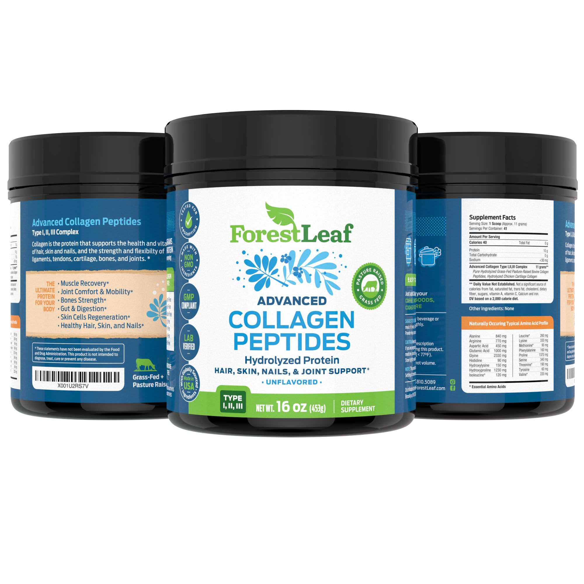 ForestLeaf collagen powder made-in-usa signals quality and GMP standards.