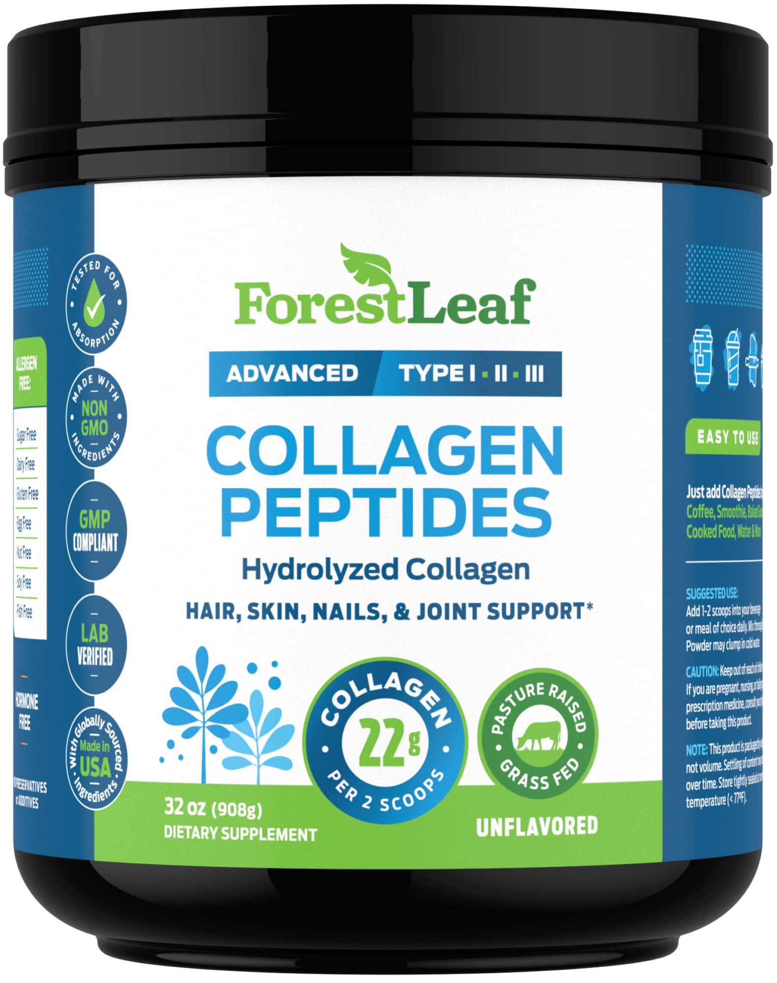 ForestLeaf collagen powder serving 11g per scoop.