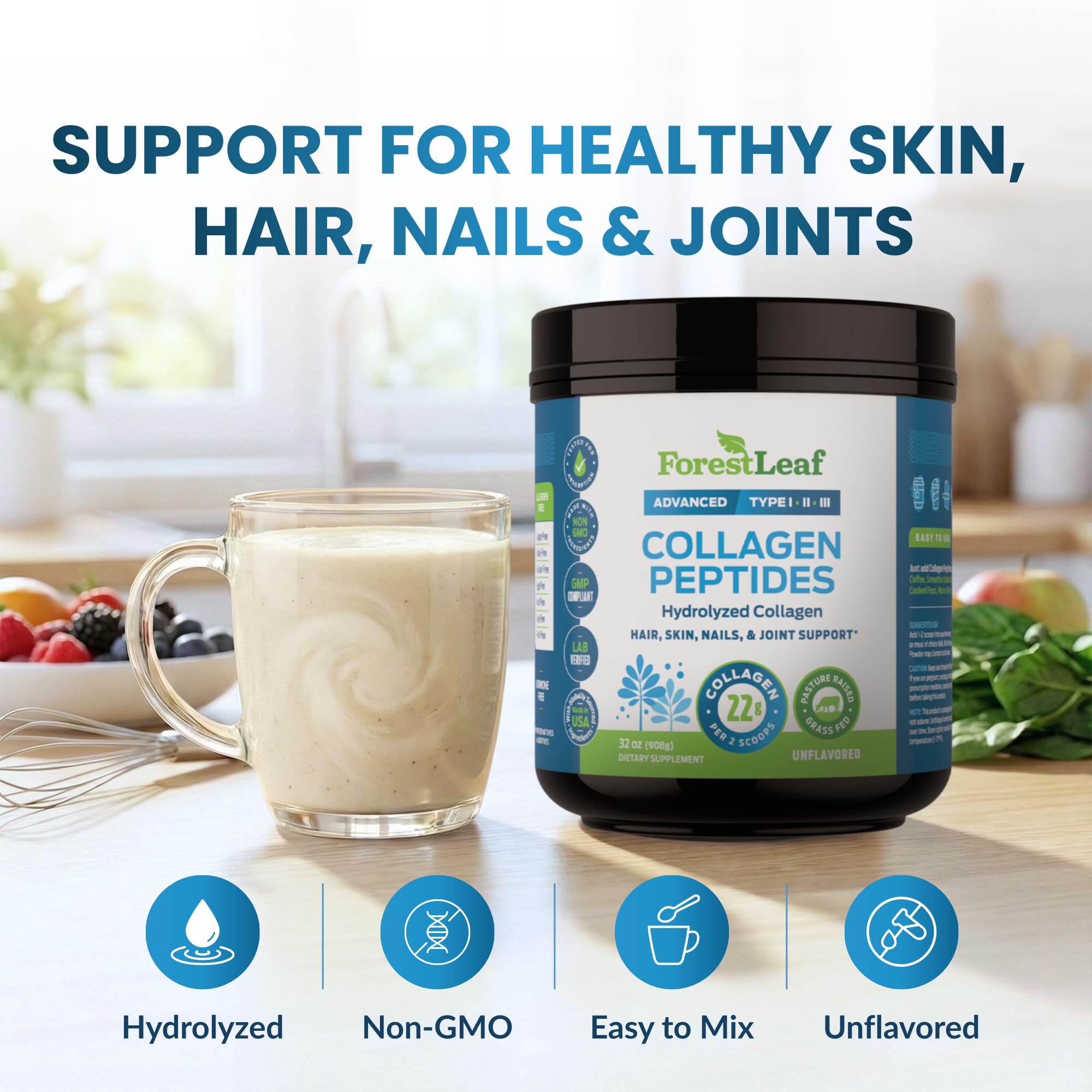 ForestLeaf Collagen Powder unflavored scoop for easy daily servings.
