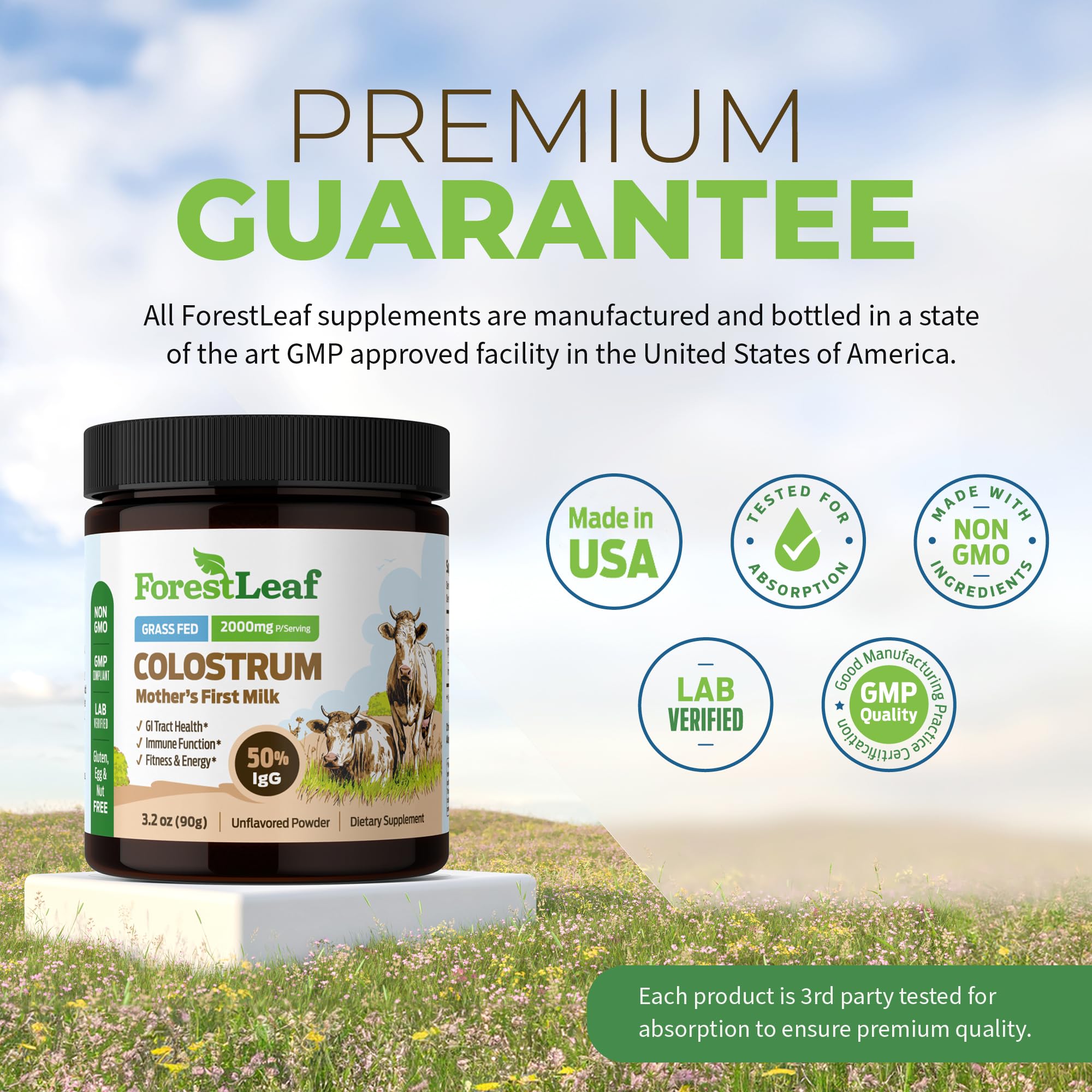 ForestLeaf Colostrum Powder white powder closeup highlighting purity