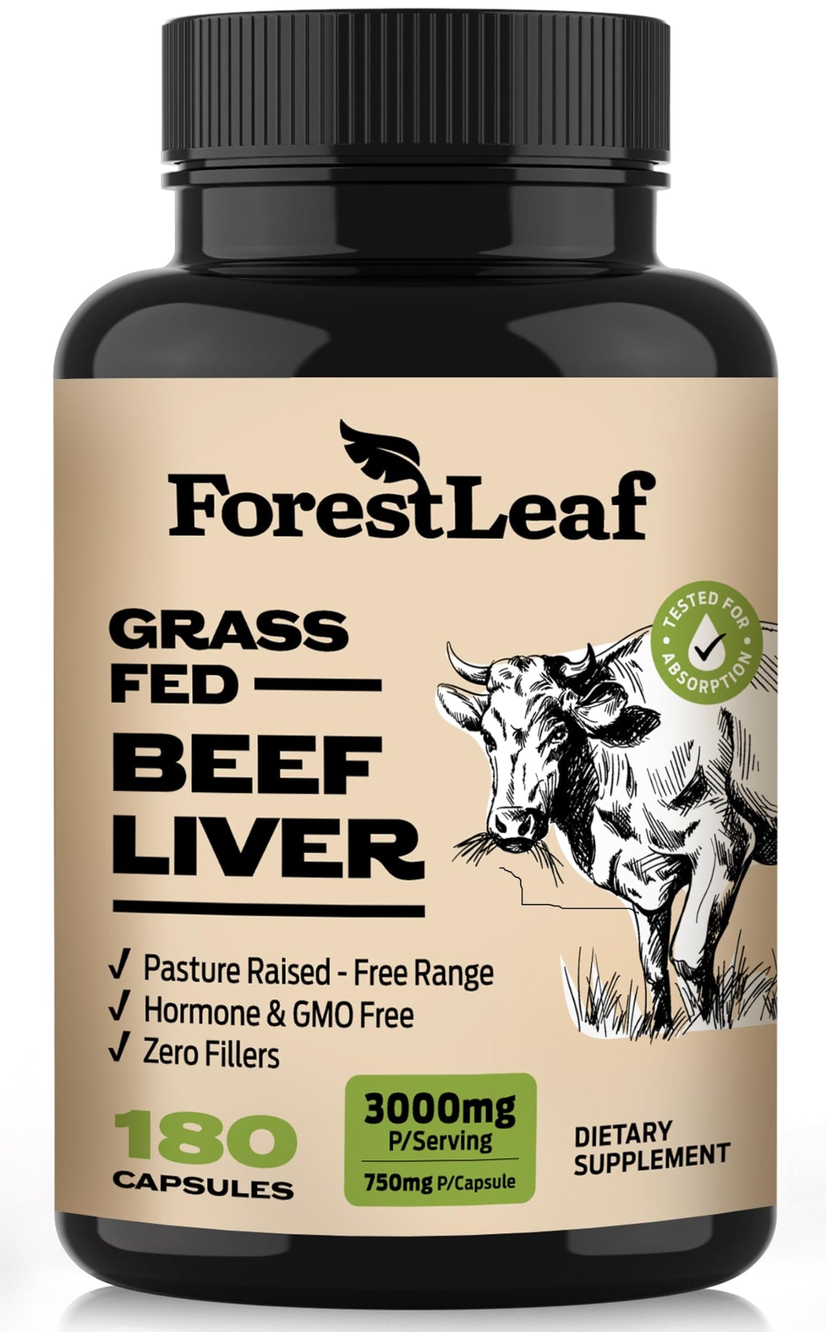 ForestLeaf grass-fed beef liver capsules front of bottle for daily vitality.
