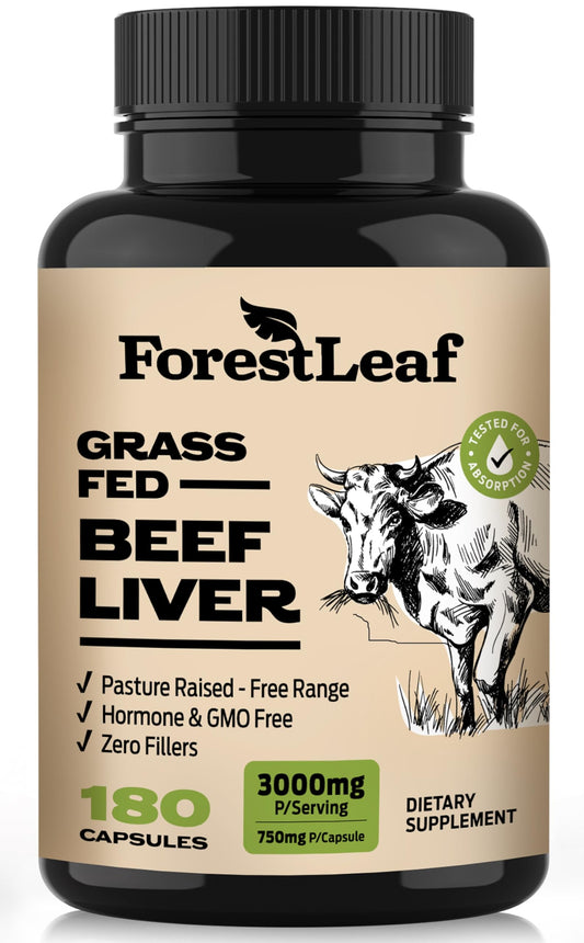ForestLeaf grass-fed beef liver capsules front of bottle for daily vitality.