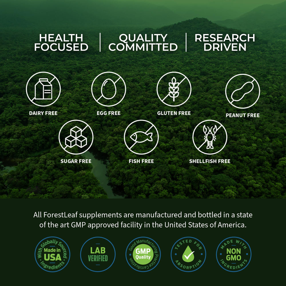 ForestLeaf product shot highlights hormone-free, non-GMO, and allergen-friendly attributes.
