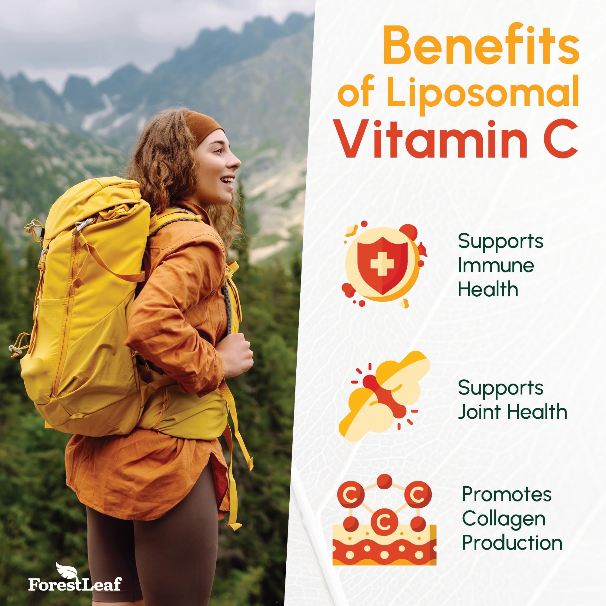 ForestLeaf liposomal vitamin C bottle close-up emphasizes additive-free, non-GMO formula.