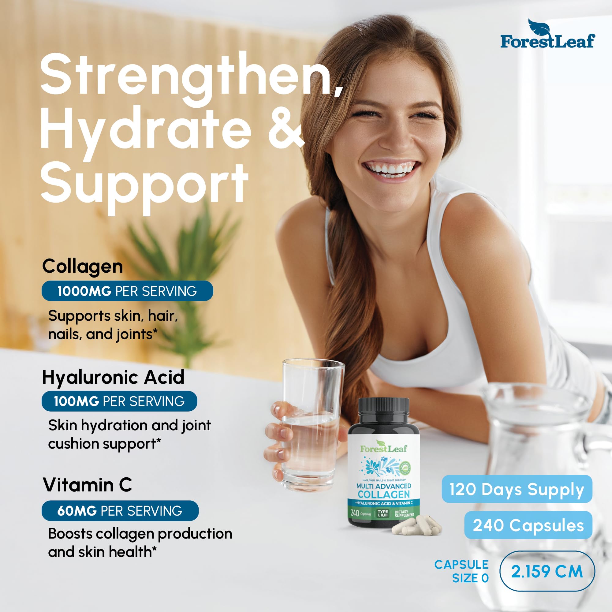 ForestLeaf bottle back label highlights vitamin C and hyaluronic acid for skin hydration.