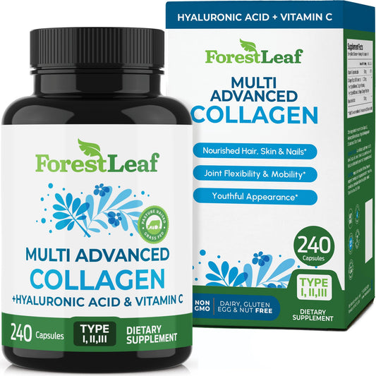 ForestLeaf Multi Collagen pills bottle front showcasing daily dose for healthier hair, skin, and nails.