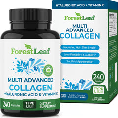 ForestLeaf Multi Collagen pills bottle front showcasing daily dose for healthier hair, skin, and nails.