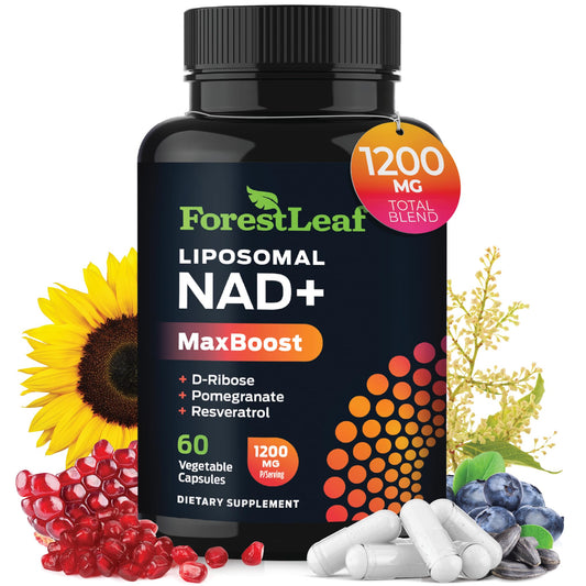 ForestLeaf NAD Resveratrol bottle demonstrates clean packaging for daily energy support.