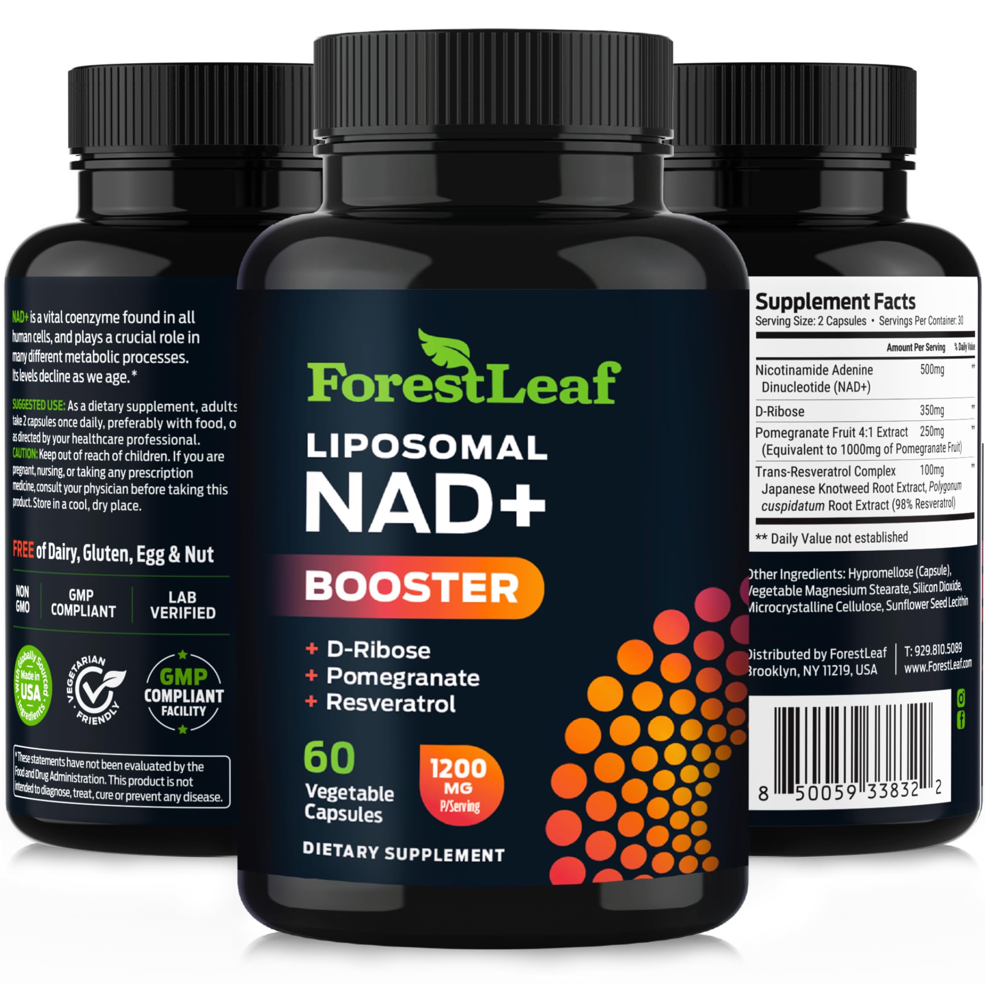 ForestLeaf NAD Resveratrol vegetarian-friendly seal signals allergen-free formula.