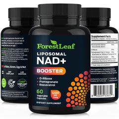 ForestLeaf NAD Resveratrol vegetarian-friendly seal signals allergen-free formula.