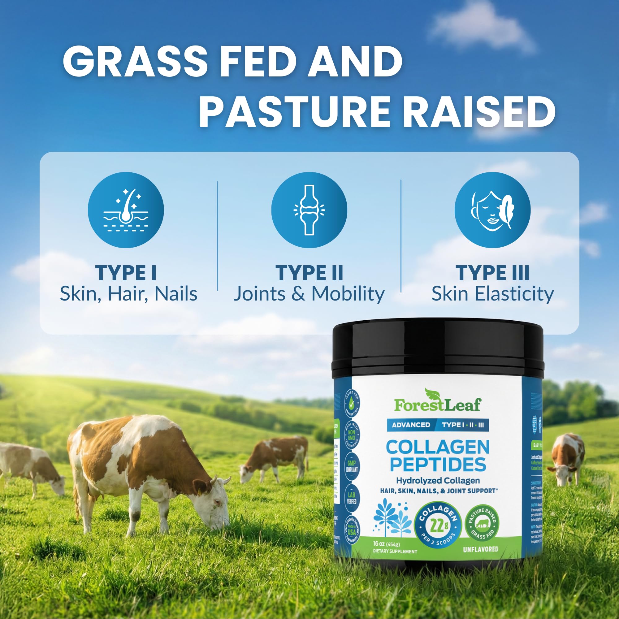 ForestLeaf pasture-raised collagen emphasizes clean source from grass-fed livestock.
