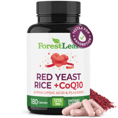 ForestLeaf red yeast rice bottle highlighting a potent 1215 mg formula for daily support