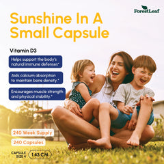 ForestLeaf Vitamin D3 50,000 IU capsule close-up shows easy-to-swallow weekly dose.
