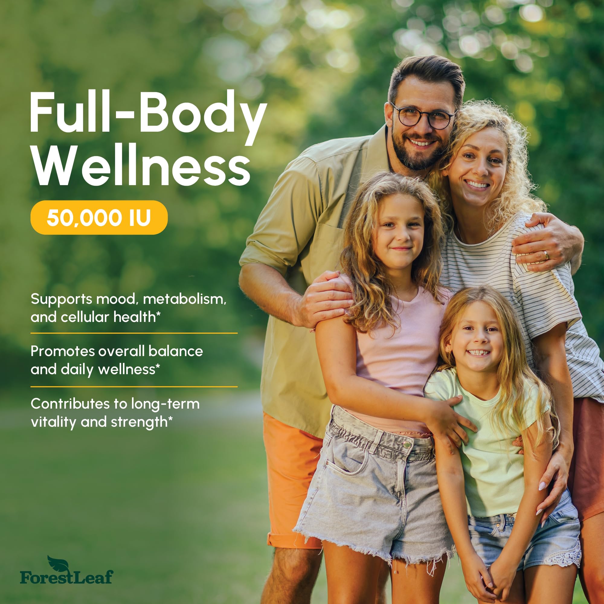ForestLeaf Vitamin D3 50,000 IU ingredients list highlights non-GMO, soy-free, gluten-free formula.