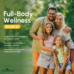 ForestLeaf Vitamin D3 50,000 IU ingredients list highlights non-GMO, soy-free, gluten-free formula.
