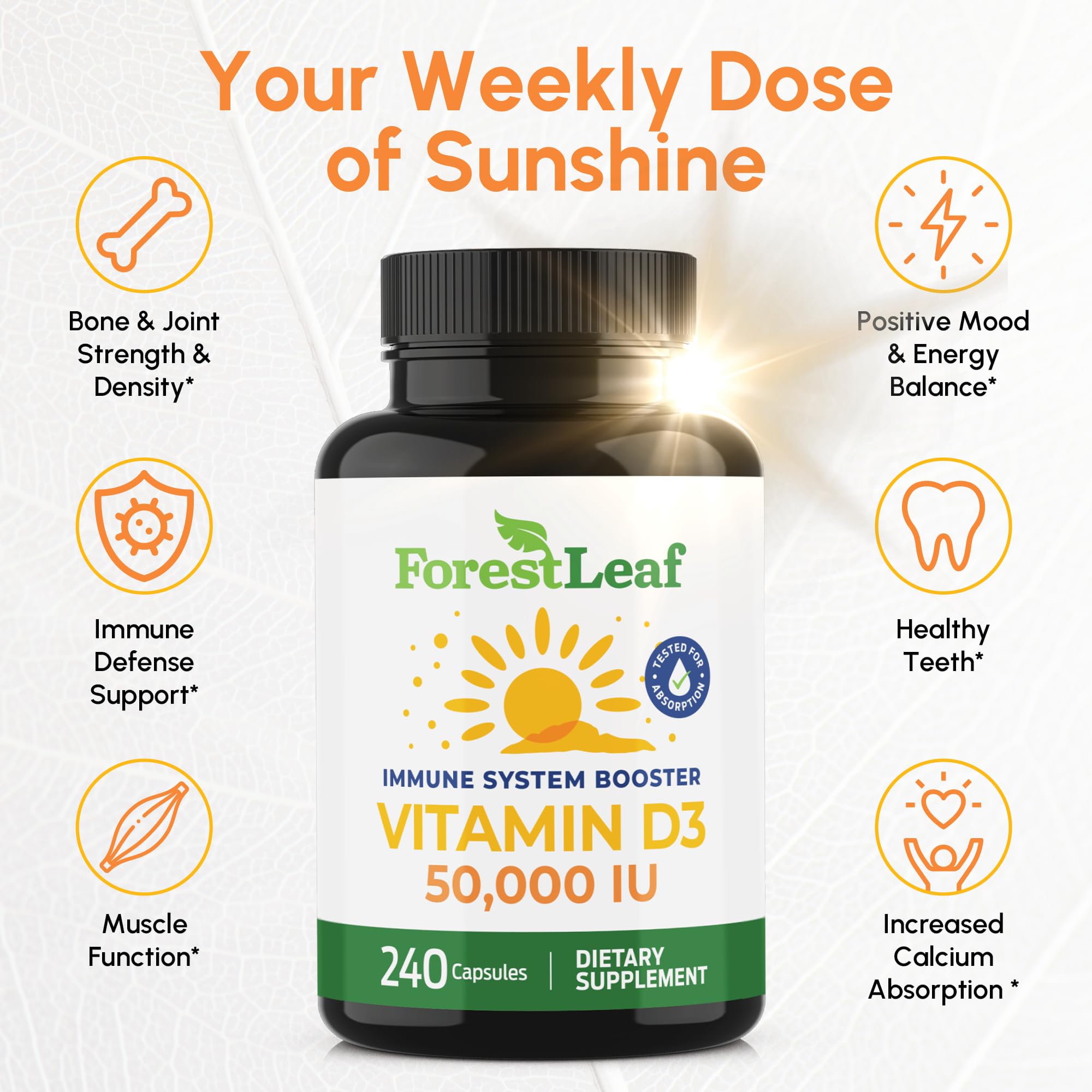 ForestLeaf Vitamin D3 50,000 IU label close-up emphasizes clean label and quality ingredients.