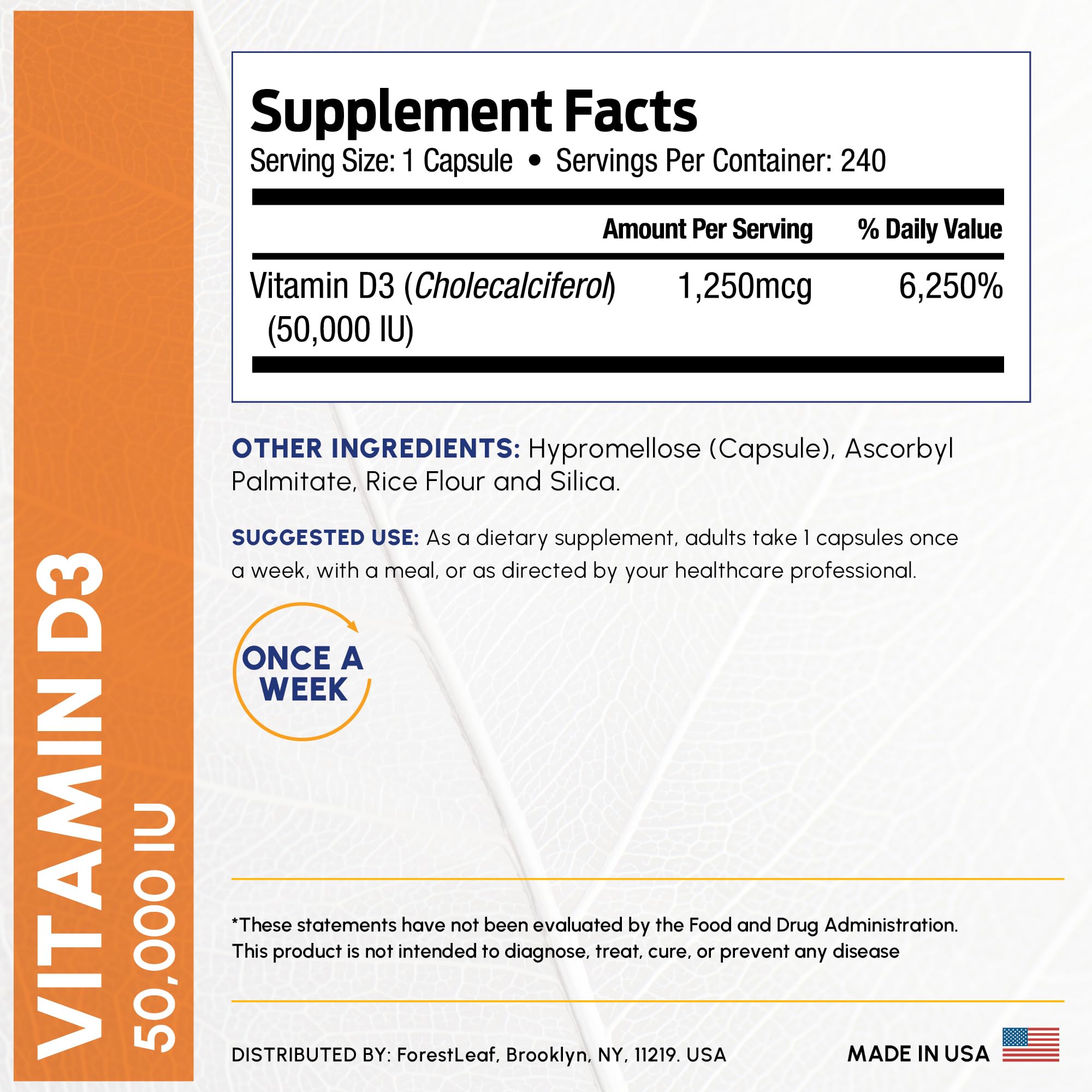 ForestLeaf Vitamin D3 50,000 IU bottle shows US-made third-party tested quality.