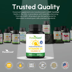ForestLeaf Vitamin D3 50,000 IU capsules in a clear bottle illustrate vegetarian-friendly weekly supplement.