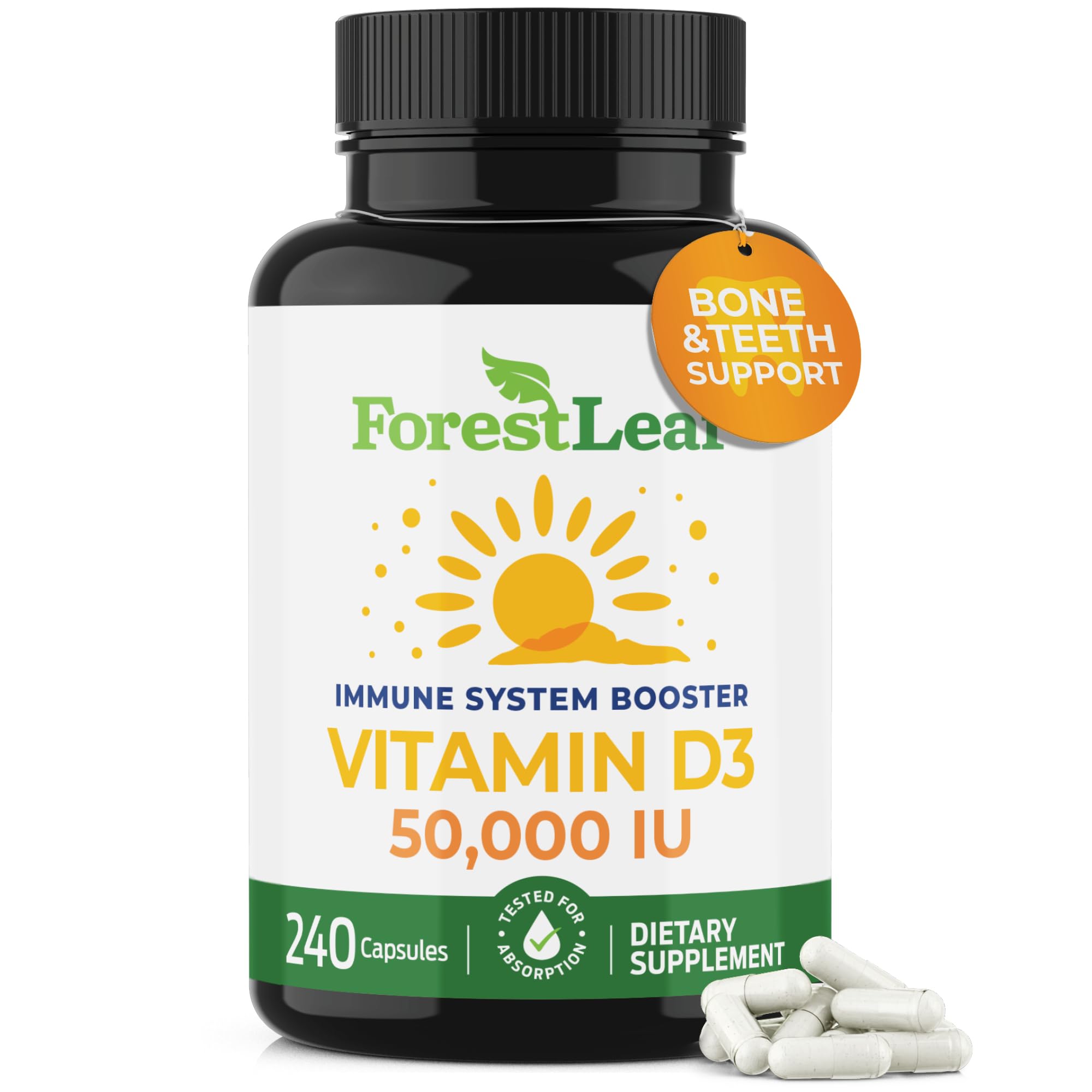 ForestLeaf Vitamin D3 50,000 IU weekly bottle highlights high-potency immune and bone support.