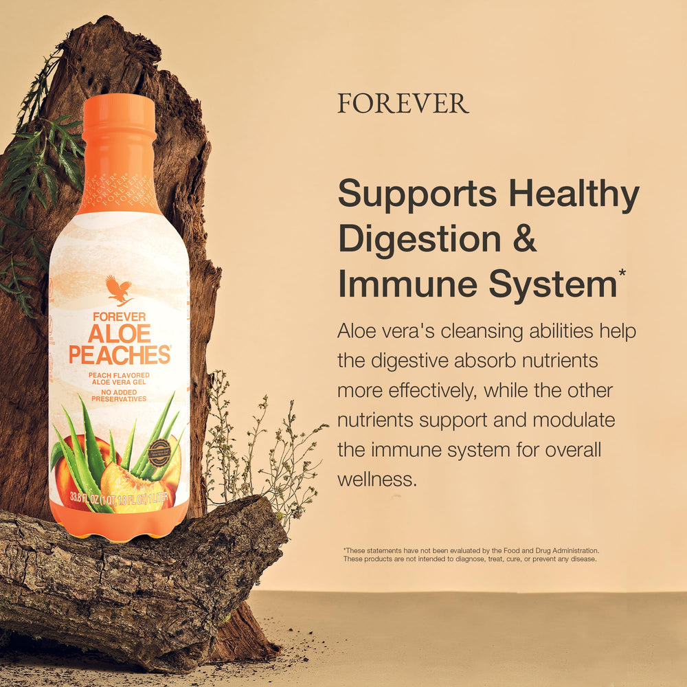 Forever Aloe Peaches bottle pour showing smooth aloe texture and easy serving