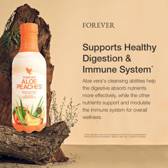 Forever Aloe Peaches bottle pour showing smooth aloe texture and easy serving
