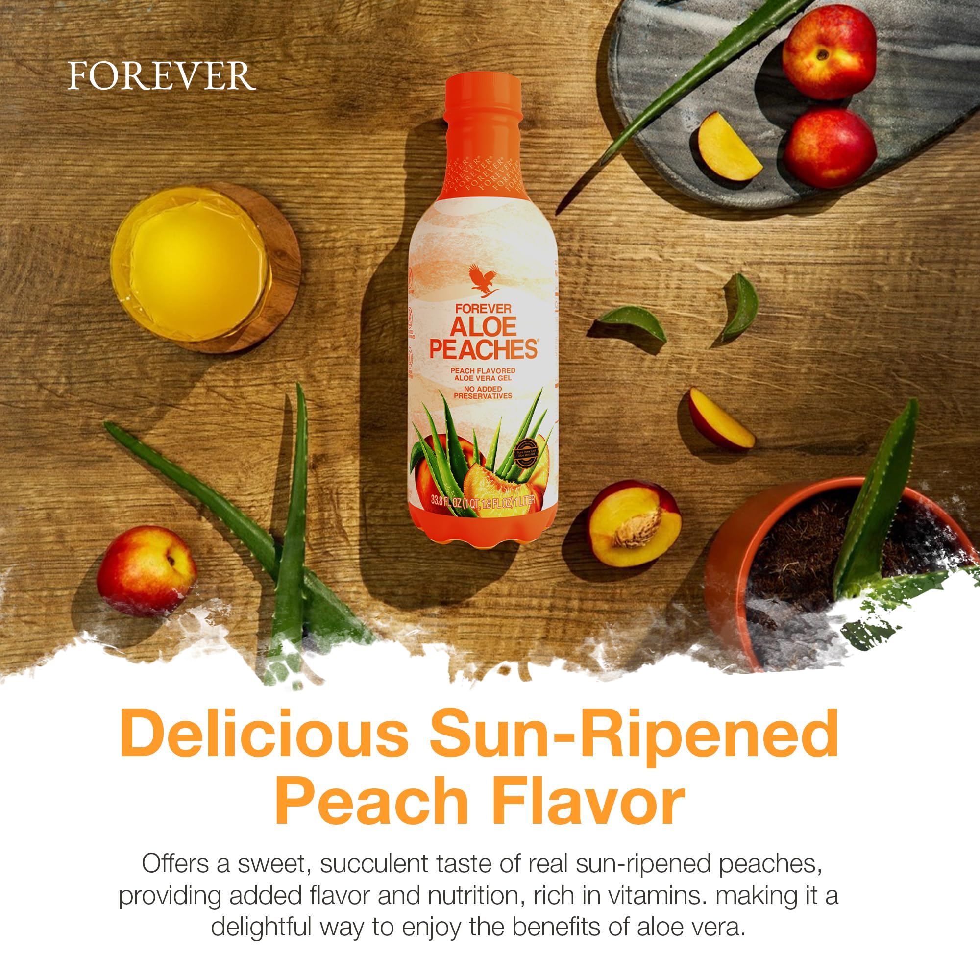 Forever Aloe Peaches glass serving for a refreshing peach-flavored drink