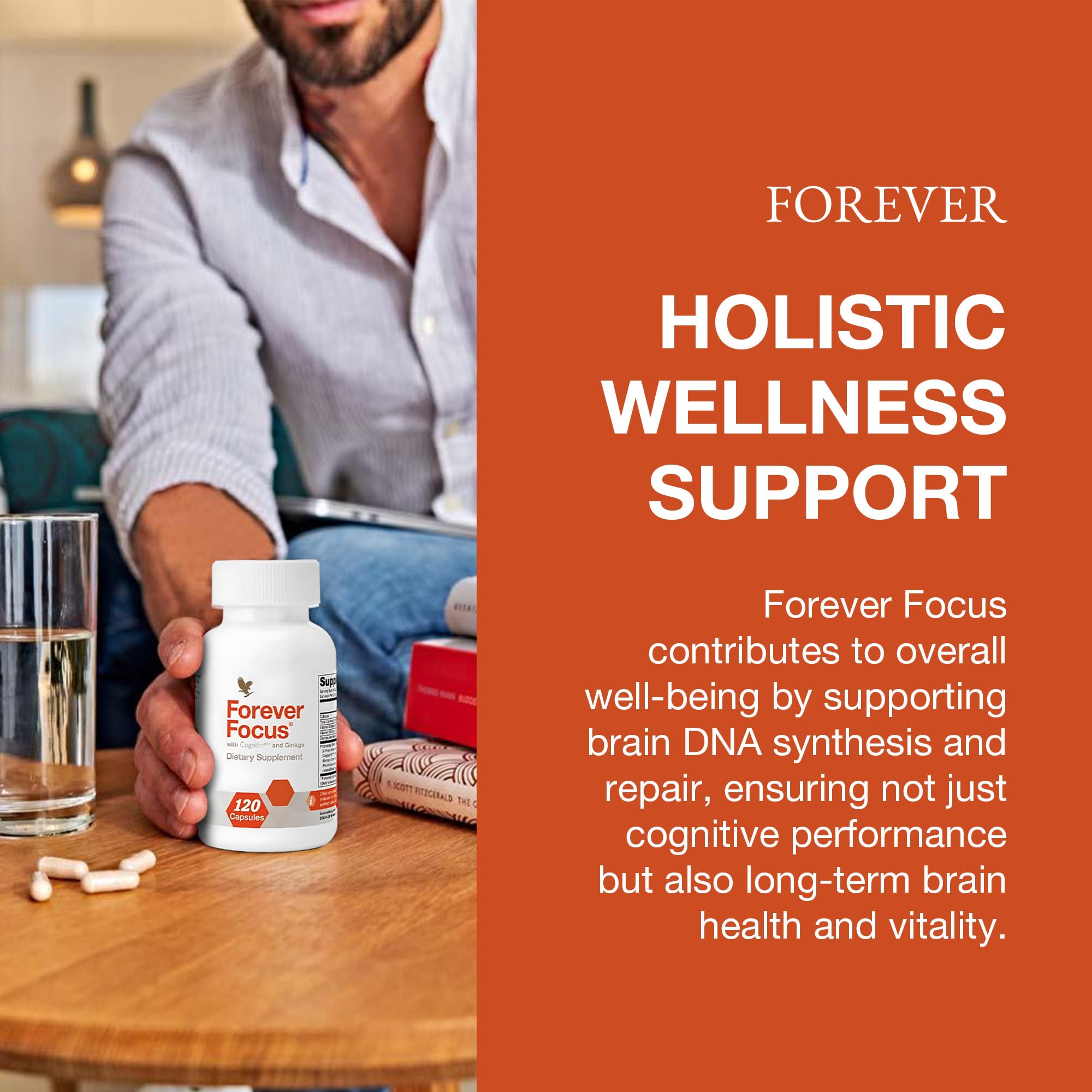 Forever Focus bottle beside gym gear implying support for workouts and productivity