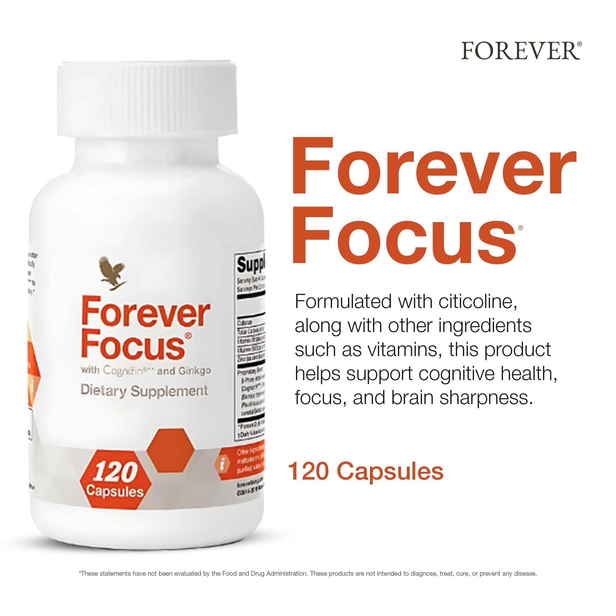 Forever Focus capsules close-up highlighting Cognizin and bacopa for brain support