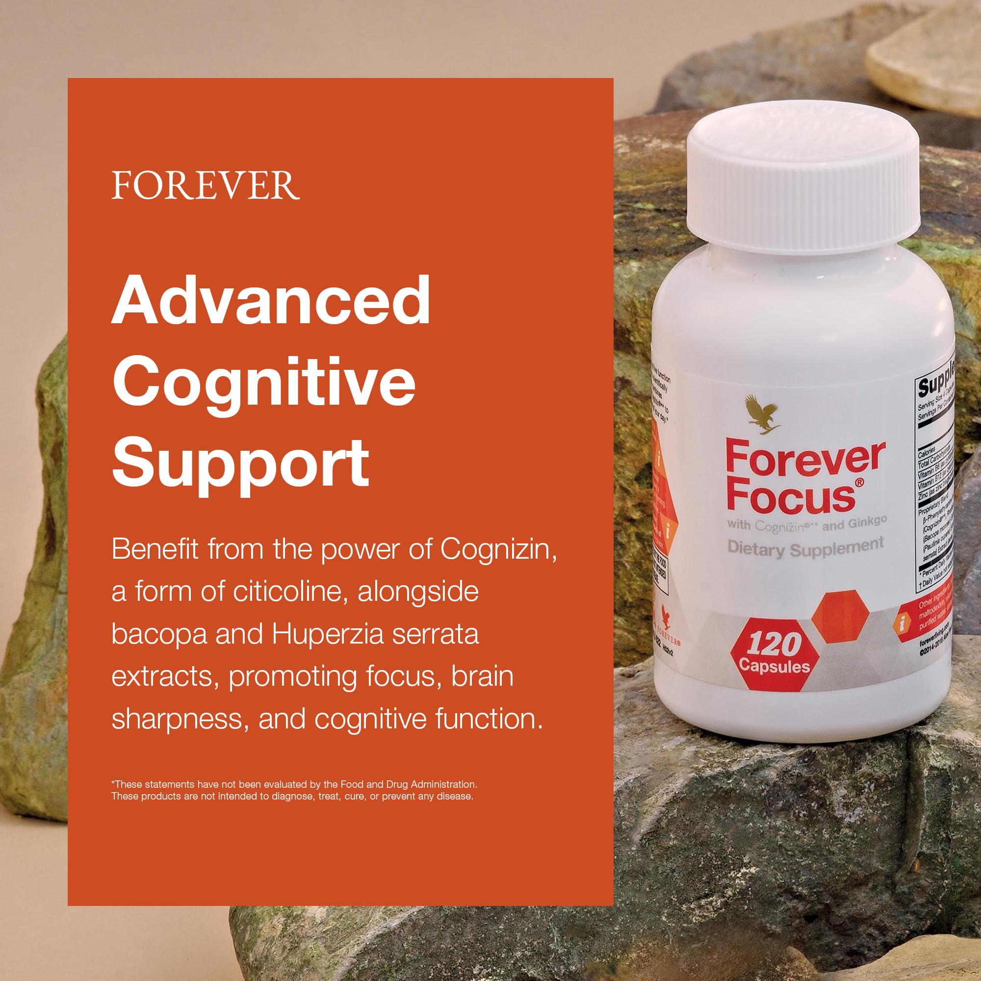 Forever Focus label close-up emphasizing vitamins for cognitive function
