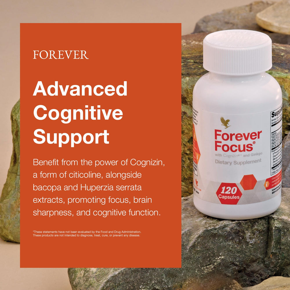 Forever Focus label close-up emphasizing vitamins for cognitive function