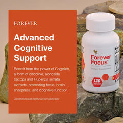 Forever Focus label close-up emphasizing vitamins for cognitive function