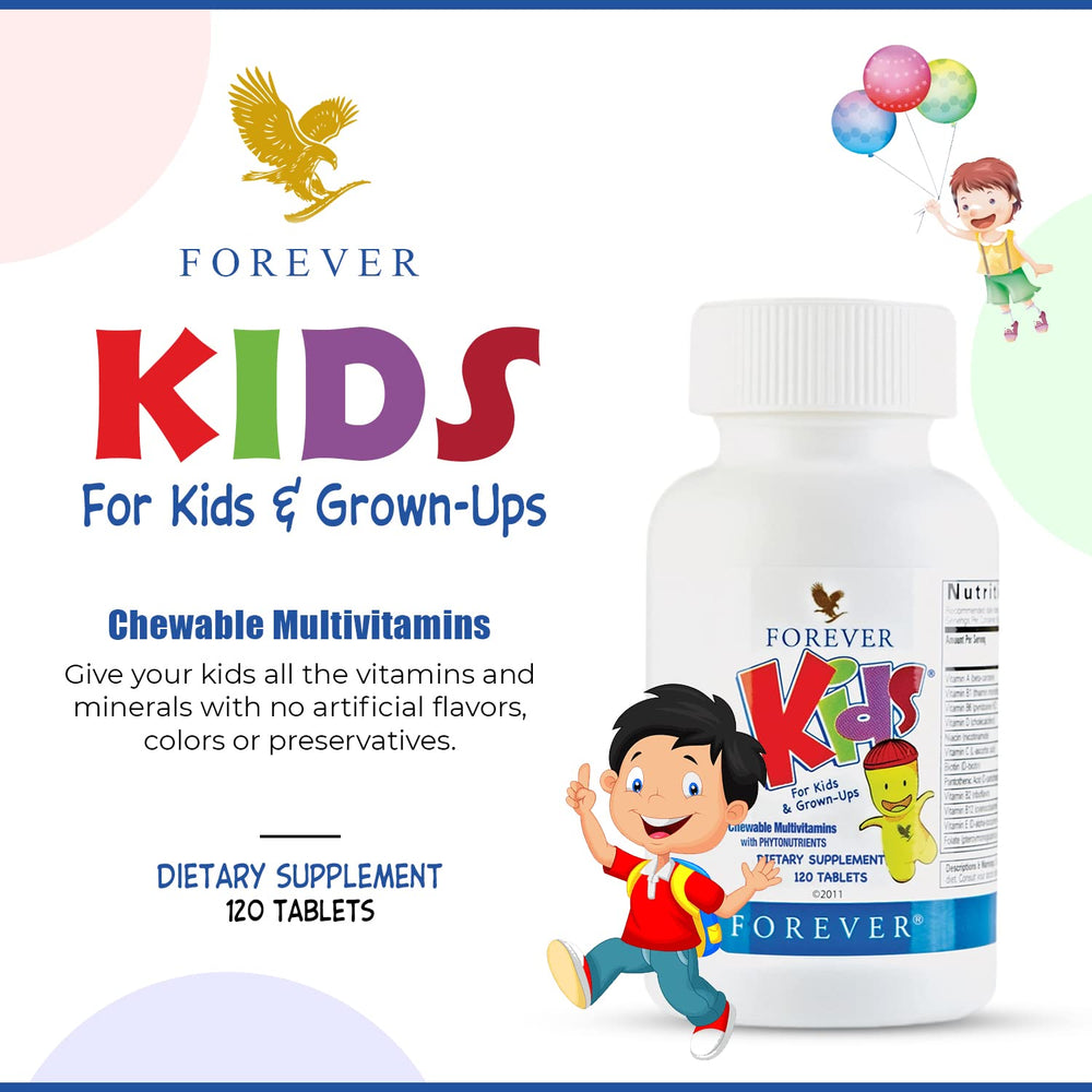 A child taking Forever Kids grape chewable for convenient daily nutrition
