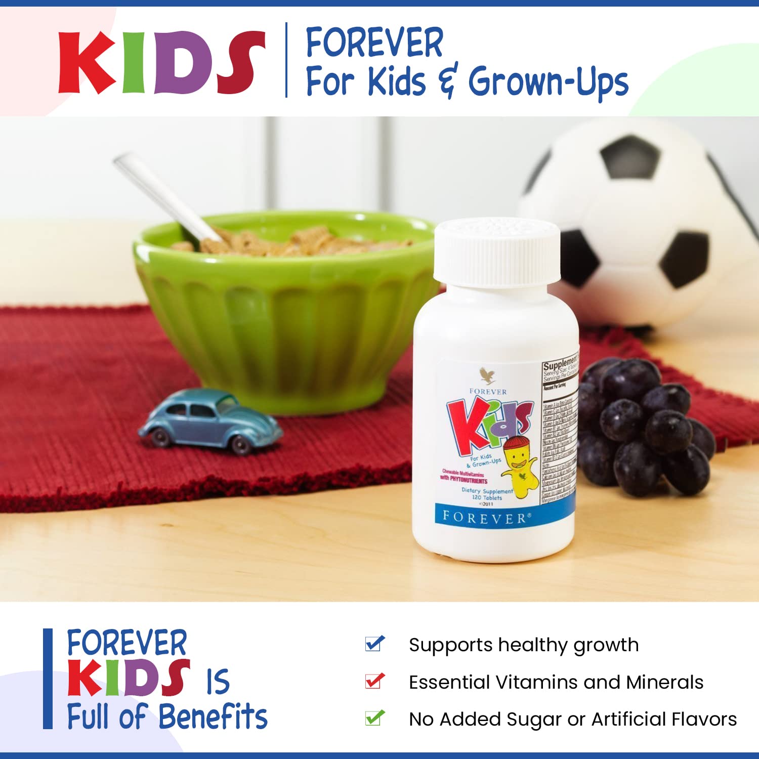 Nutrition facts panel highlights vitamins and minerals in Forever Kids grape