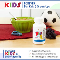 Nutrition facts panel highlights vitamins and minerals in Forever Kids grape