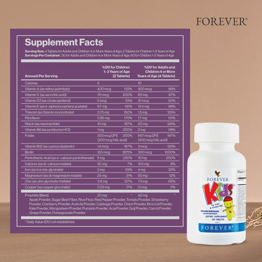 Forever Kids grape chewables close-up demonstrating vitamin and mineral content