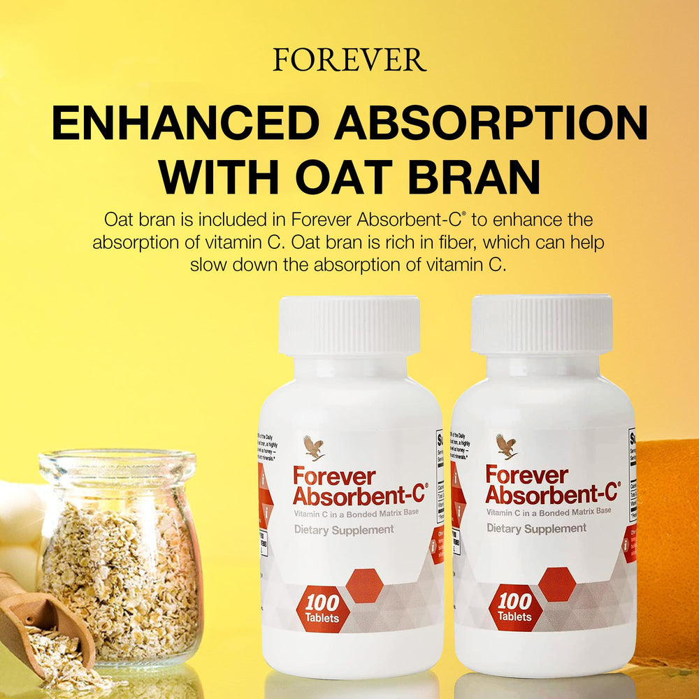 Label close-up of Absorbent-C ingredients including vitamin C and oat bran