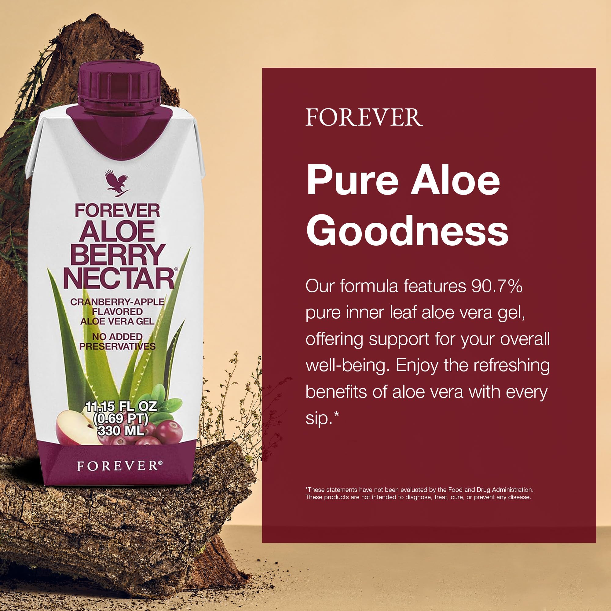 Forever Living Aloe Berry Nectar with cranberries and apples, highlighting tangy flavor and nutrients.
